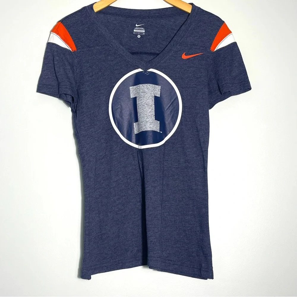 NIKE Womens University of Illinois Illini #1 Navy Blue V-Neck T-Shirt Size Small